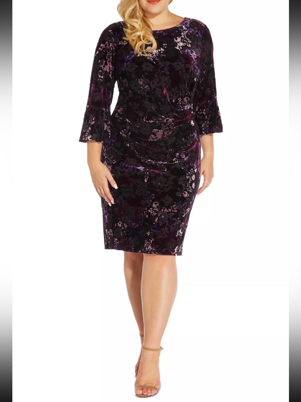 Adrianna Papell Floral Burnout Velvet Sheath Dress Black Purple Size 16